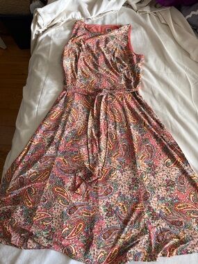 Women's Coral Paisley Sleeveless Tie-Waist Dress